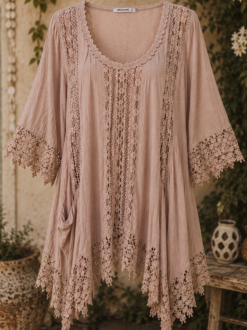 Women's Crochet-Accent Taupe Tunic Top